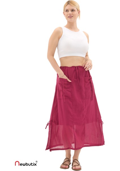 Bordo Vual Bağlama Detay Midi Boy Yazlık Etek fiyatları