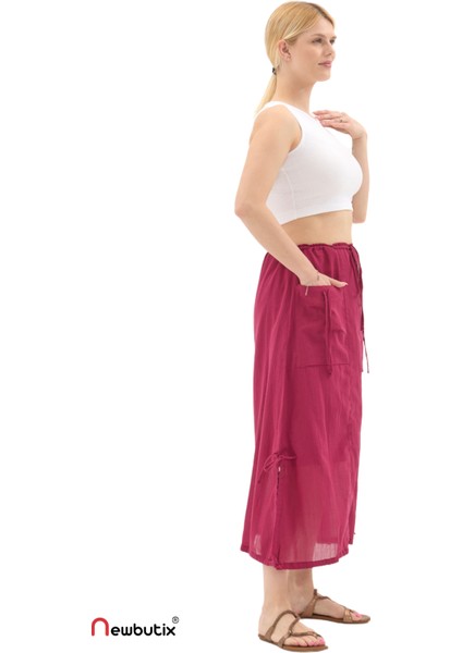 Bordo Vual Bağlama Detay Midi Boy Yazlık Etek modelleri