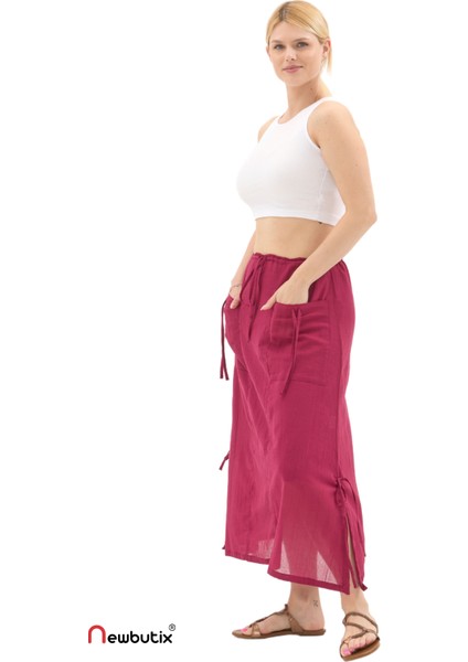 Bordo Vual Bağlama Detay Midi Boy Yazlık Etek fırsatları