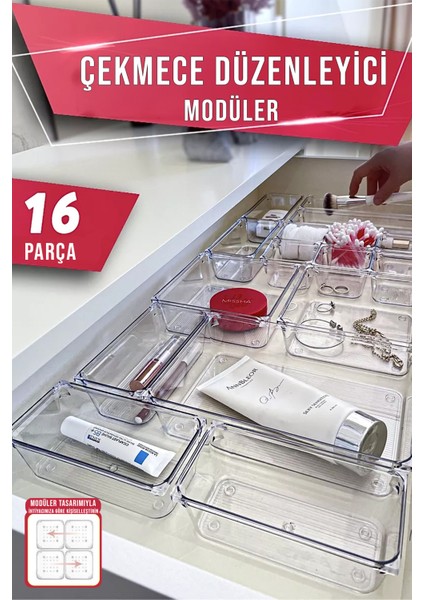 16 Parça Çok Amaçlı Makyaj Organizeri Çekmece Düzenleyici Şeffaf Modüler