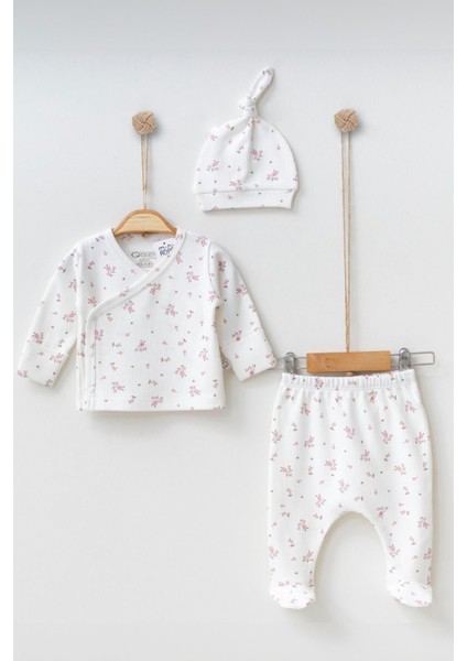 Yenidoğan Kız Bebek Zıbın Seti Çiçek Desenli Ekru Yenidoğan Kruvaze Takım