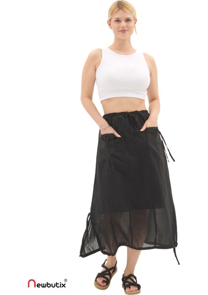 Siyah Vual Bağlama Detay Midi Boy Yazlık Etek