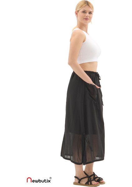 Siyah Vual Bağlama Detay Midi Boy Yazlık Etek fiyatları