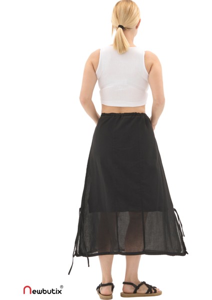 Siyah Vual Bağlama Detay Midi Boy Yazlık Etek fırsatları