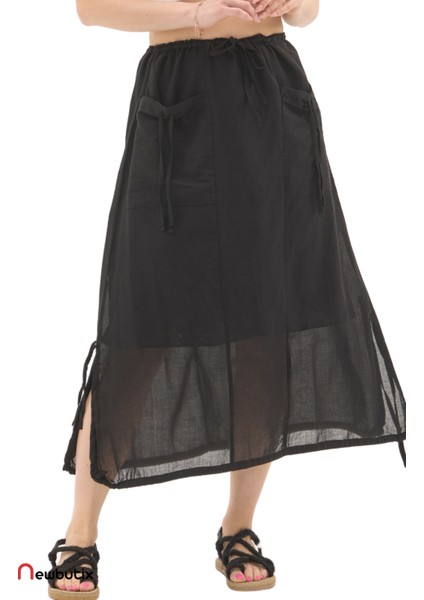 Siyah Vual Bağlama Detay Midi Boy Yazlık Etek indirimleri