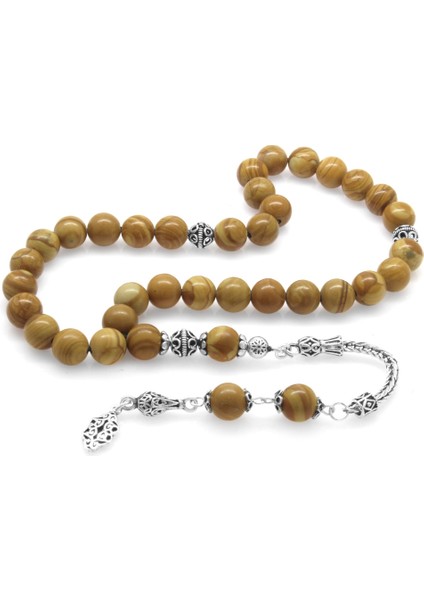 925 Ayar Gümüş Püsküllü Küre Kesim Kahverengi Jasper Doğaltaş Tesbih