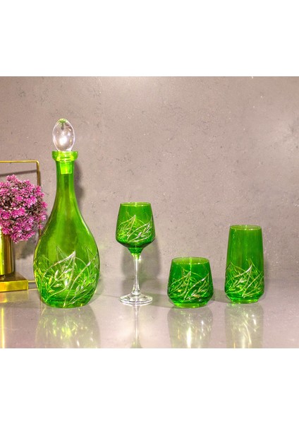 37 Parça 12 Kişilik Yaprak El Dekor Kristal Kesme Renkli Cam Su Takımı