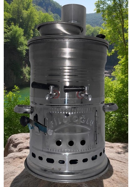 Çift Musluklu Paslanmaz Kömürlü Odunlu Semaver 3,5 Lt