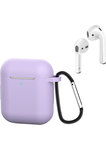 Apple Airpods Için Şarj KUTULU(2016)/(2019)/AIRPODS ve Kablosuz Şarj KUTULU(2019)KARABINALI Silikon Kılıf Kulaklık Kapağı-Açık Mor (Yurt Dışından)