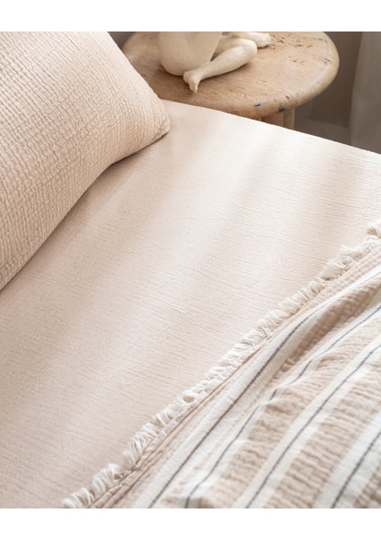 Cherina Müslin Çift Kişilik %100 Pamuk Lastikli Pike Takımı - Ekru/Bej