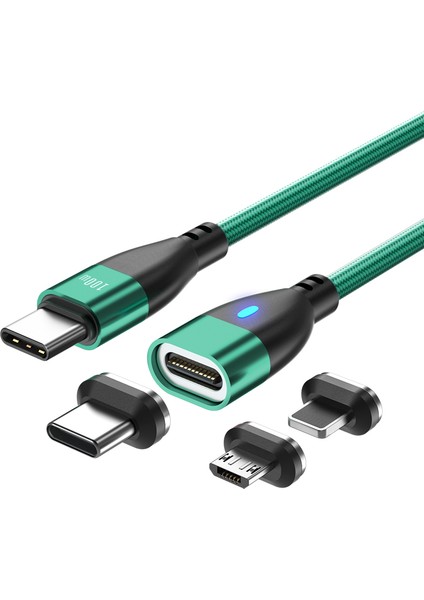 1,8 M Type-C-Ip/type-C/mikro Manyetik Şarj Kablosu Adaptörlü LED Gösterge Veri Kablosu-Yeşil (Yurt Dışından)