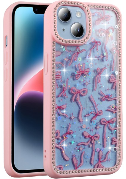 iPhone 14 Kılıf Simli Şeffaf Mini Figürlü ve Kenarları Taşlı Silikon Kapak Rcv/azra