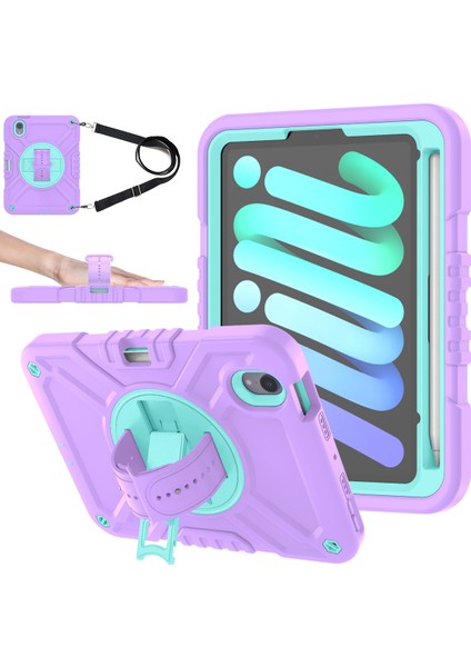 iPad Mini Için X-Shaped SERISI(2021)OMUZ Askılı Tablet Kılıfı Kickstand Sağlam Kapak-Mor+Cyan (Yurt Dışından)