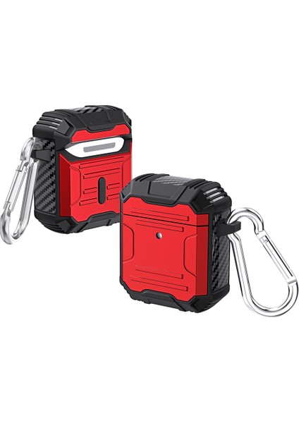 Tpu+Pc Şok Emici Kulaklık Koruyucu Kılıf Apple Airpod'lar Için Anahtarlıklı Şarj KUTUSUYLA(2016)/(2019)/AIRPODS ile Kablosuz Şarj KILIFI(2019)-KIRMIZI (Yurt Dışından)