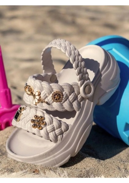 Kadın Örgü Detaylı Taşlı Yüksek Topuklu Ortopedik Taban Sandalet Eva Terlik 0169