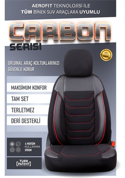 Nissan Juke Yarı Deri Oto Koltuk Kılıfı Ön Arkatakım Karbon Serisi Siyah Kırmızı Fs modelleri