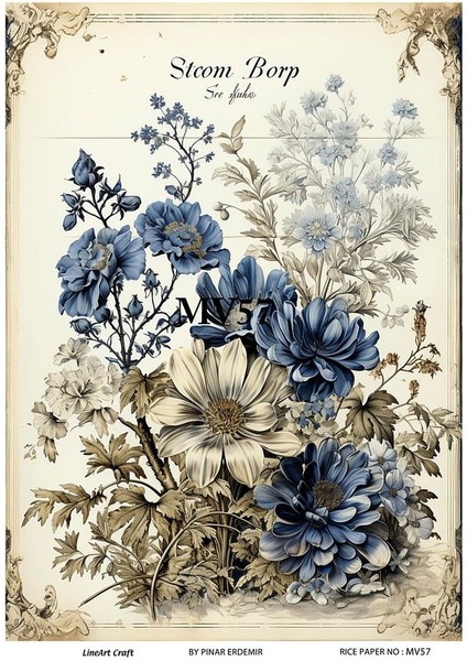 Mavi Serisi MV57 Mavi, Çiçek Desenli 30*42 cm Pirinç Dekopaj