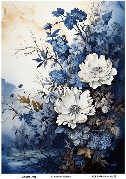 Mavi Serisi MV55 Mavi, Çiçek Desenli 30*42 cm Pirinç Dekopaj