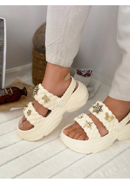 Kadın Örgü Detaylı Taşlı Yüksek Topuklu Ortopedik Taban Sandalet Eva Terlik 0169