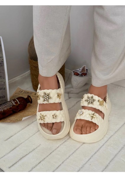 Kadın Örgü Detaylı Taşlı Yüksek Topuklu Ortopedik Taban Sandalet Eva Terlik 0169 fiyatları