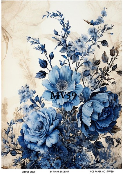 Mavi Serisi MV59 Mavi, Çiçek Desenli 30*42 cm Pirinç Dekopaj