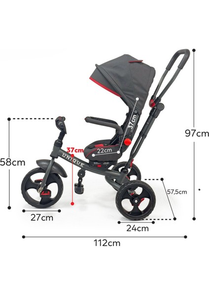 Ebeveyn Kontrollü Tenteli Tricycle Üç Teker Bisiklet - Unıque 1 Çok Fonksiyonlu Çocuk Bisikleti - Fitalat Içermez