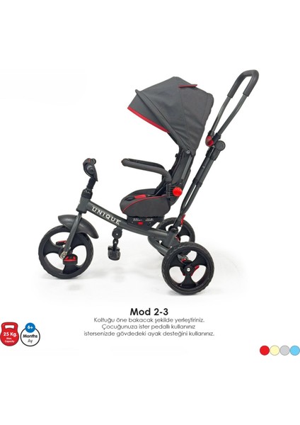 Ebeveyn Kontrollü Tenteli Tricycle Üç Teker Bisiklet - Unıque 1 Çok Fonksiyonlu Çocuk Bisikleti - Fitalat Içermez