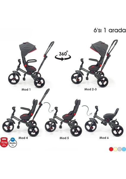 Ebeveyn Kontrollü Tenteli Tricycle Üç Teker Bisiklet - Unıque 1 Çok Fonksiyonlu Çocuk Bisikleti - Fitalat Içermez