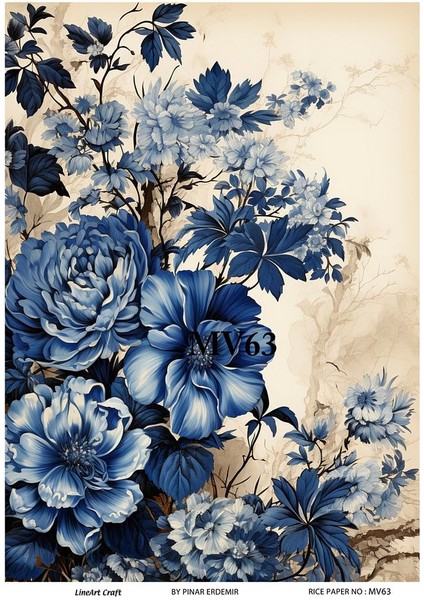 Mavi Serisi MV63 Mavi, Çiçek Desenli 30*42 cm Pirinç Dekopaj