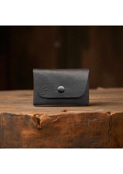 Hakiki Deri Kartlık Cüzdan, Minimal, El Yapımı, Çıtçıtlı Dikişsiz Tasarım Kartlık Siyah
