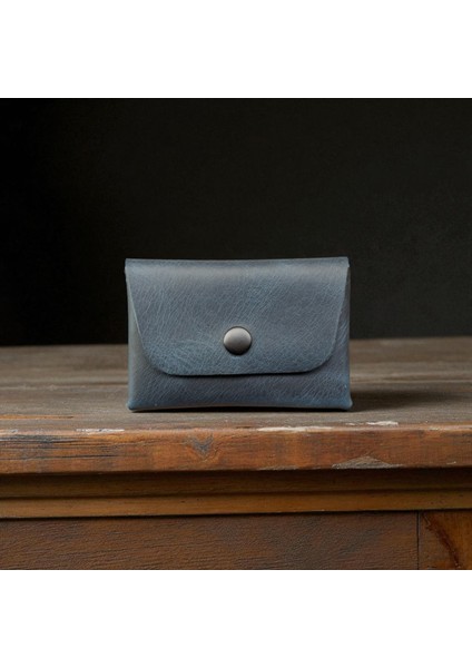 Hakiki Deri Kartlık Cüzdan, Minimal, El Yapımı, Çıtçıtlı Dikişsiz Tasarım Kartlık Mavi