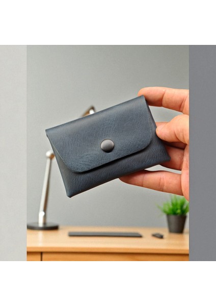 Hakiki Deri Kartlık Cüzdan, Minimal, El Yapımı, Çıtçıtlı Dikişsiz Tasarım Kartlık Mavi fiyatları