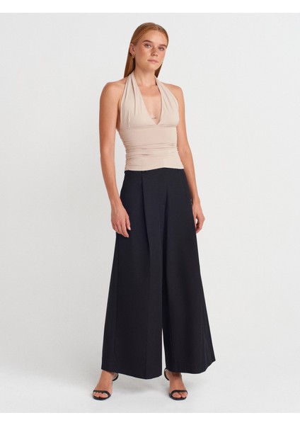 71634 Pilili Geniş Paça Pantolon-Siyah