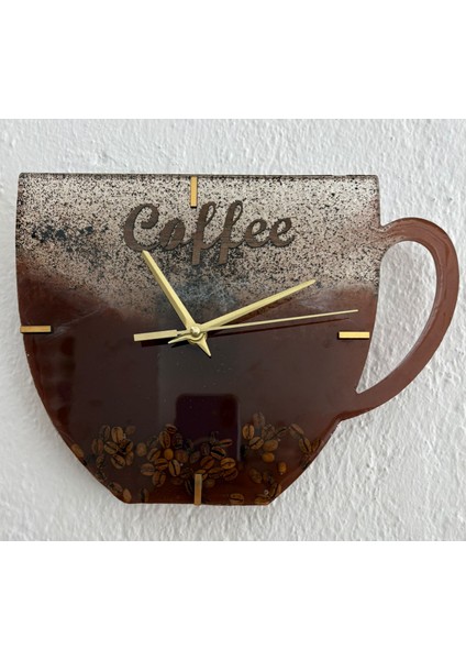 - Kahve Kupası Şeklinde Epoksi Duvar Saati (Özel Tasarım - Tek Üretim) - 27X21 cm