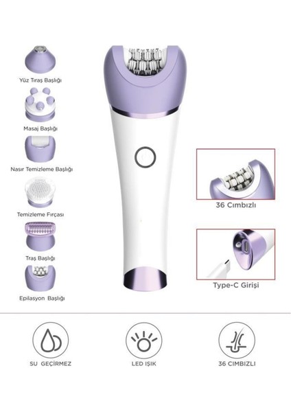 Tep-02 Beyaz 6 Başlıklı (Yüz+Koltuk Altı+Bikini Bölgesi+Bacak) Islak ve Kuru Kablosuz Epilatö
