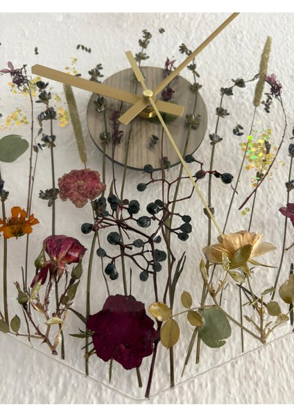 - Çiçekli Sekizgen Epoksi Duvar Saati (Özel Tasarım - Tek Üretim - Versiyon Iı) - 30 cm