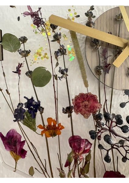 - Çiçekli Sekizgen Epoksi Duvar Saati (Özel Tasarım - Tek Üretim - Versiyon Iı) - 30 cm