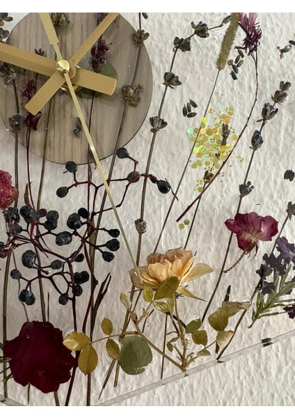 - Çiçekli Sekizgen Epoksi Duvar Saati (Özel Tasarım - Tek Üretim - Versiyon Iı) - 30 cm