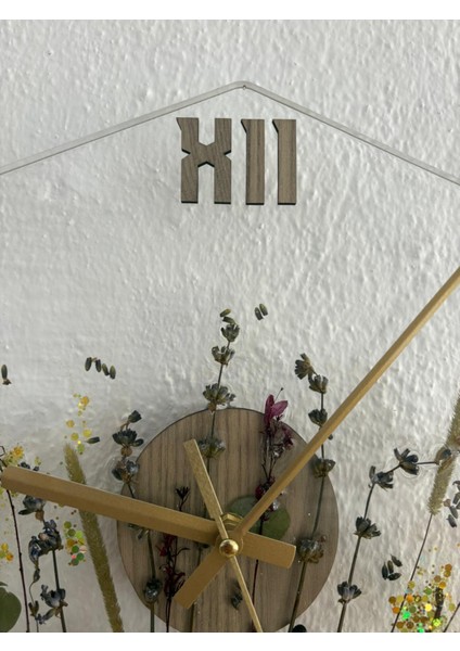 - Çiçekli Sekizgen Epoksi Duvar Saati (Özel Tasarım - Tek Üretim - Versiyon Iı) - 30 cm
