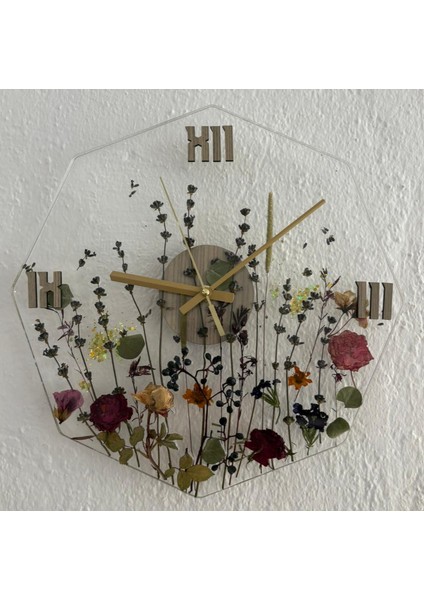 - Çiçekli Sekizgen Epoksi Duvar Saati (Özel Tasarım - Tek Üretim - Versiyon I) - 30 cm