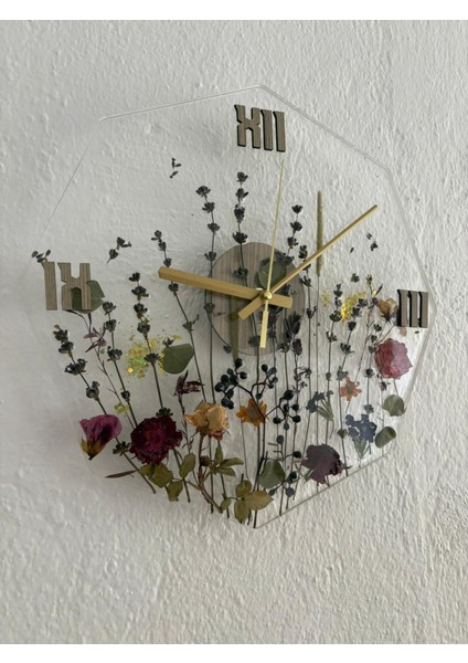 - Çiçekli Sekizgen Epoksi Duvar Saati (Özel Tasarım - Tek Üretim - Versiyon I) - 30 cm modelleri