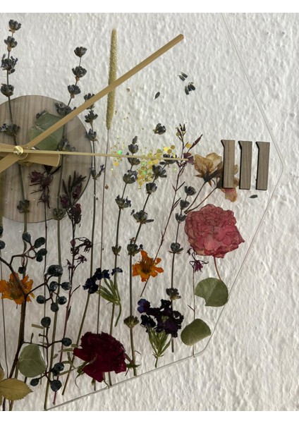 - Çiçekli Sekizgen Epoksi Duvar Saati (Özel Tasarım - Tek Üretim - Versiyon I) - 30 cm