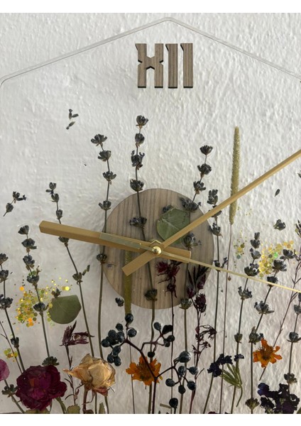 - Çiçekli Sekizgen Epoksi Duvar Saati (Özel Tasarım - Tek Üretim - Versiyon I) - 30 cm