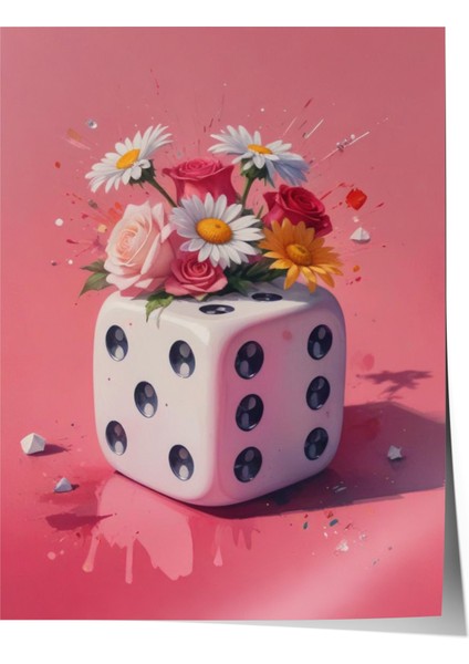 Çerçevesiz Poster, Kalpli Zar – Pembe Eğlence Illüstrasyonu, Genç Odası Dekoru Poster No: 110016