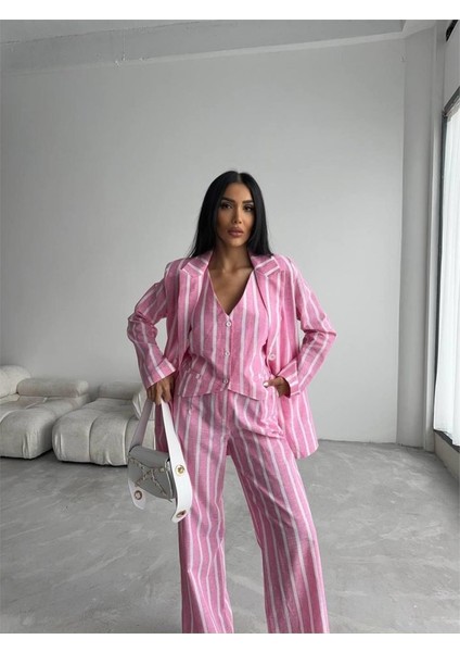 Çizgili Keten Yelek-Pantolon Takım - Pembe modelleri