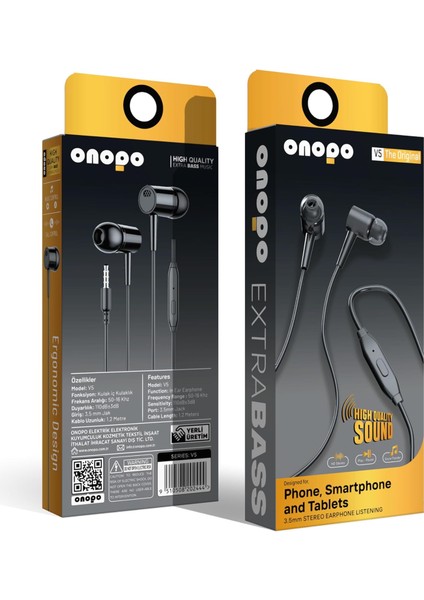 & Tablet Uyumlu 3.5mm Kablolu Kulaklık V5 | Yüksek Ses Kalitesi, Mikrofonlu, Kulak Içi, 1.2m Kablo