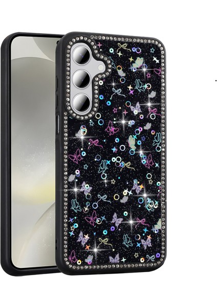 Samsung Galaxy S24 Fe Kılıf Simli Şeffaf Mini Figürlü ve Kenarları Taşlı Silikon Kapak Rcv/azra