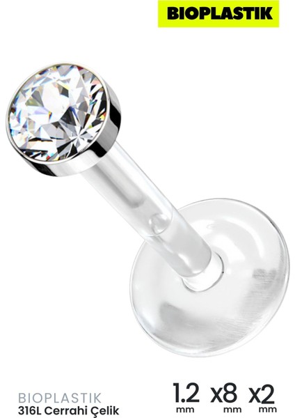 Piercing Bioplastik Labret Cerrahi Çelik Gümüş Taşlı Kristal Zirkon Dudak, Kulak Cerrahi Helix, Septum, Labret, Smiley, Tragus 6 mm