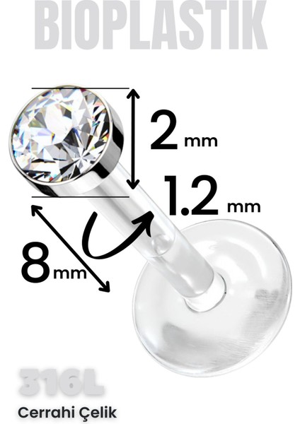Piercing Bioplastik Labret Cerrahi Çelik Gümüş Taşlı Kristal Zirkon Dudak, Kulak Cerrahi Helix, Septum, Labret, Smiley, Tragus 6 mm fiyatları
