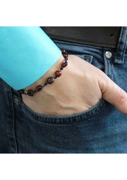 Makrome Örgülü Naturel Kesim Dorika Top Detaylı Koyu Renk Kaplangözü Doğaltaş Erkek Bileklik modelleri